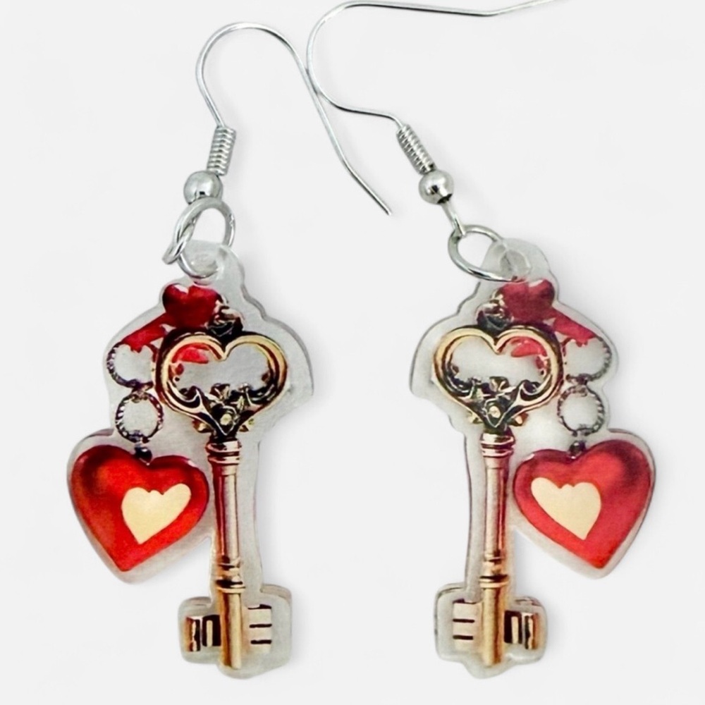 Charming Keys & Red Heart Pendant Dangle Drop Earrings 🗝️❤️